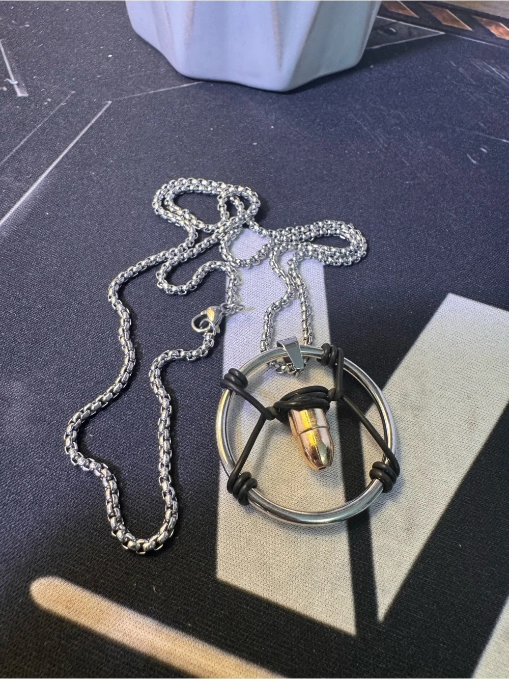 Cyberpunk Black and Silver Bullet Ring Pendant Necklace